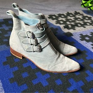 Tabitha Simmons Vintage Blue Suede zip up buckle booties, size 36.5 (US 6.5)